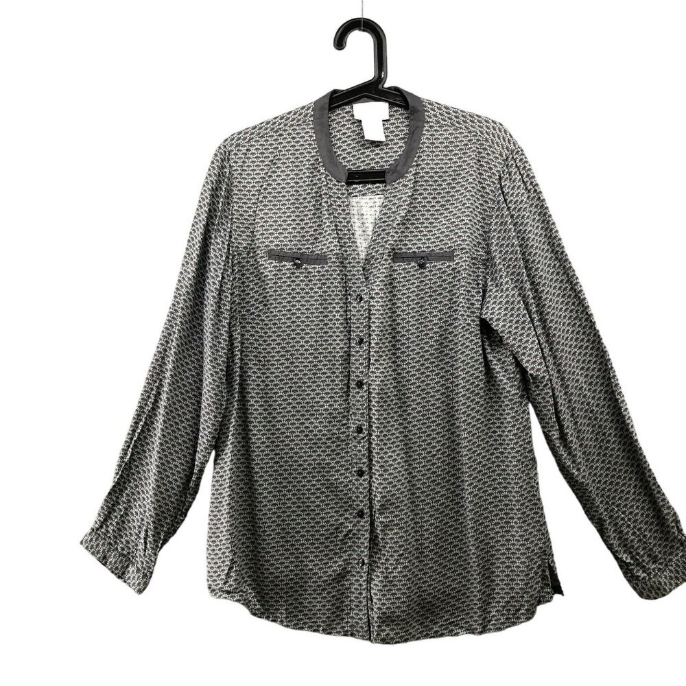 Soft Surroundings Button Down Shirt Women M Gray Printed Mandarin Split Neck
